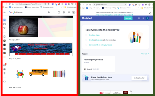 Chromebook Screen with a different tab shown on both sides 